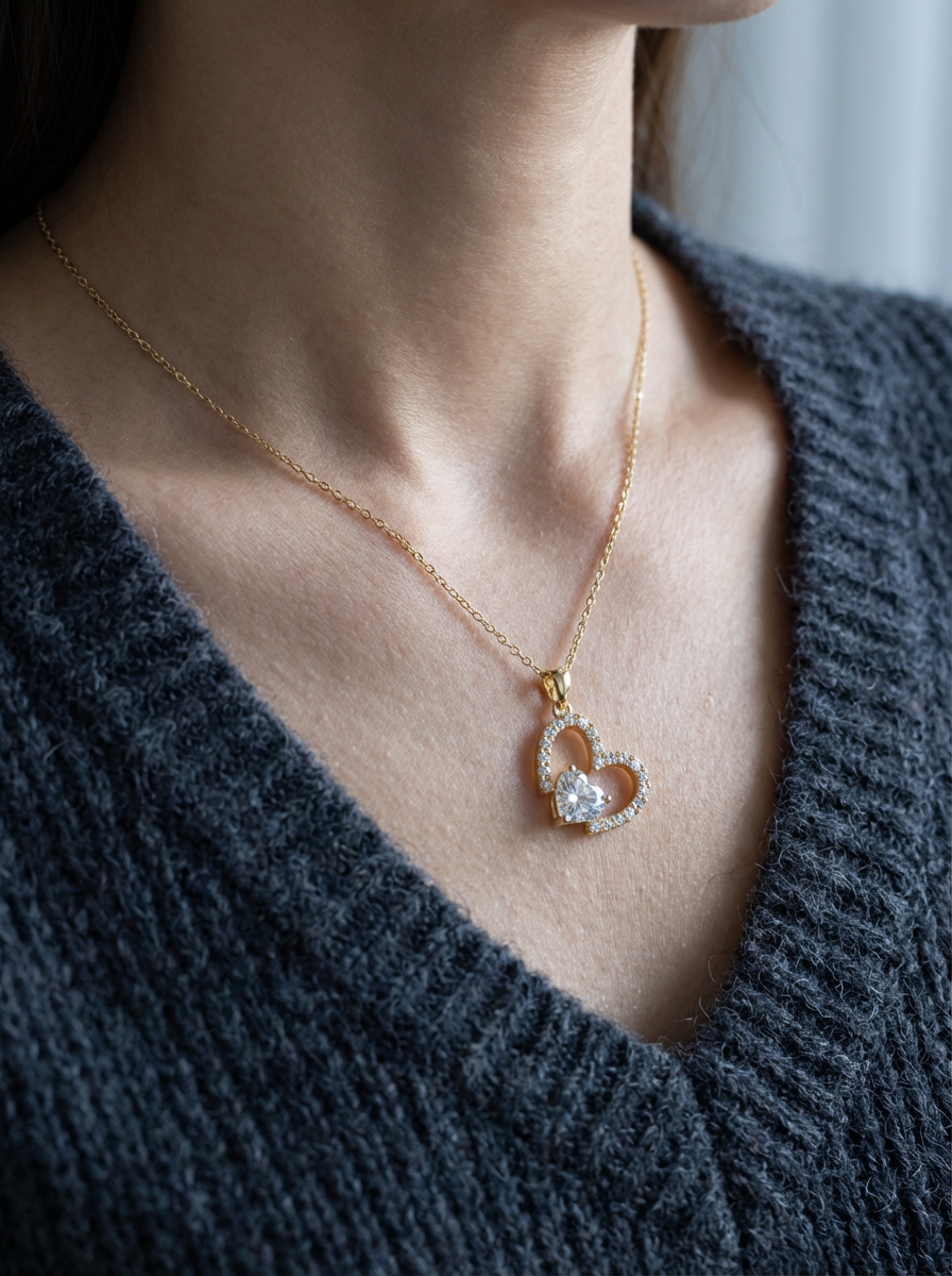 Gold necklace with a heart-shaped pendant worn by a person in a dark sweater.