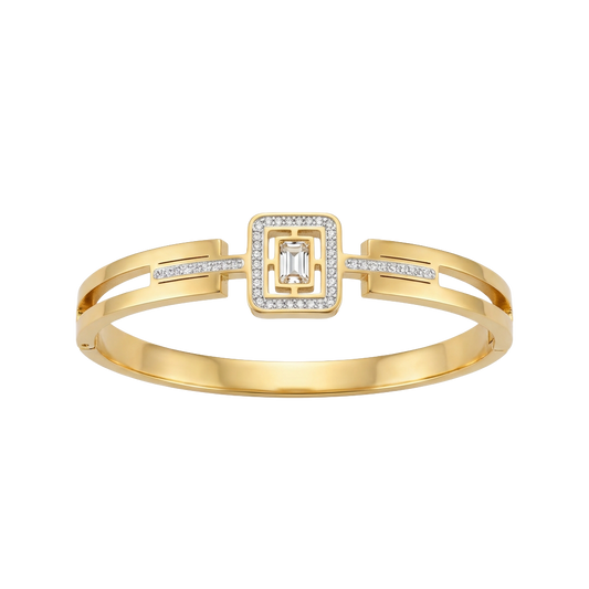 Gold bracelet with diamond accents on a white background