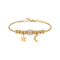 Gold bracelet with star and moon charm on a white background