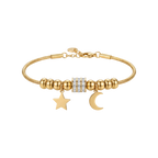 Gold bracelet with star and moon charm on a white background