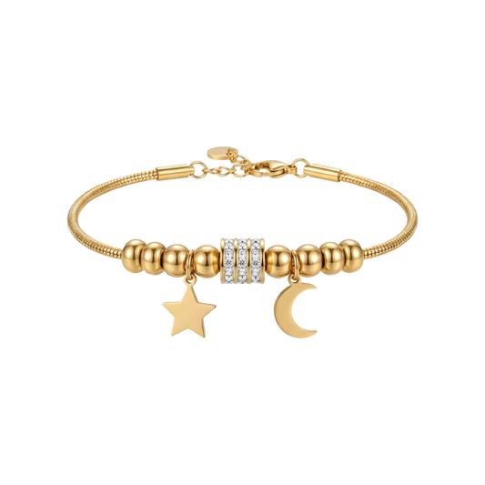 Gold bracelet with star and moon charm on a white background