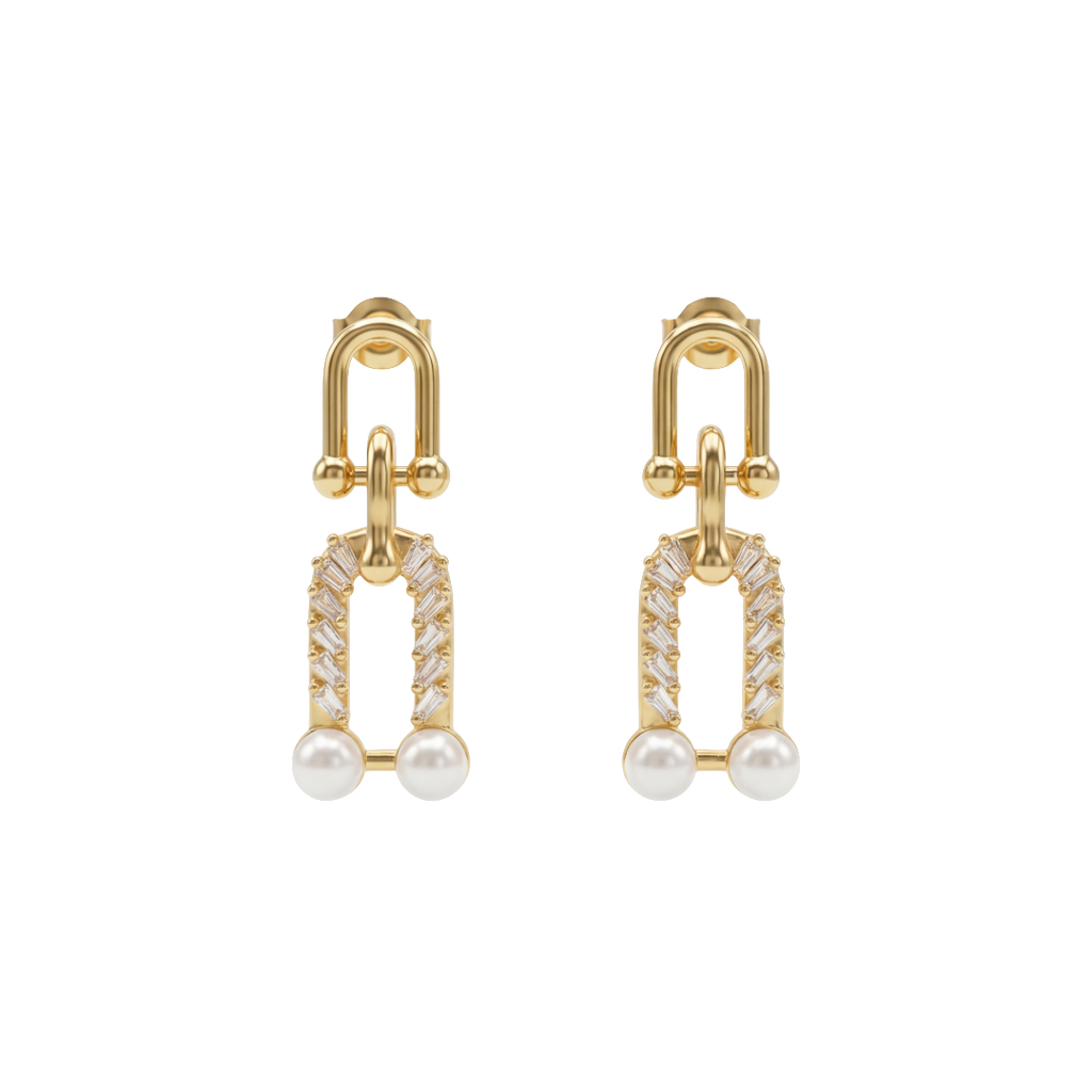 Gold earrings with pearl and diamond-like stones on a white background