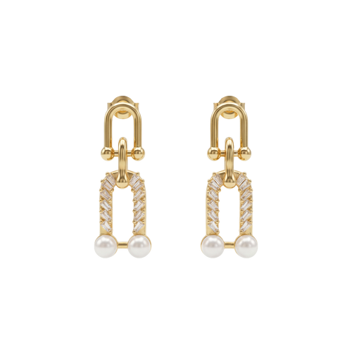 Gold earrings with pearl and diamond-like stones on a white background