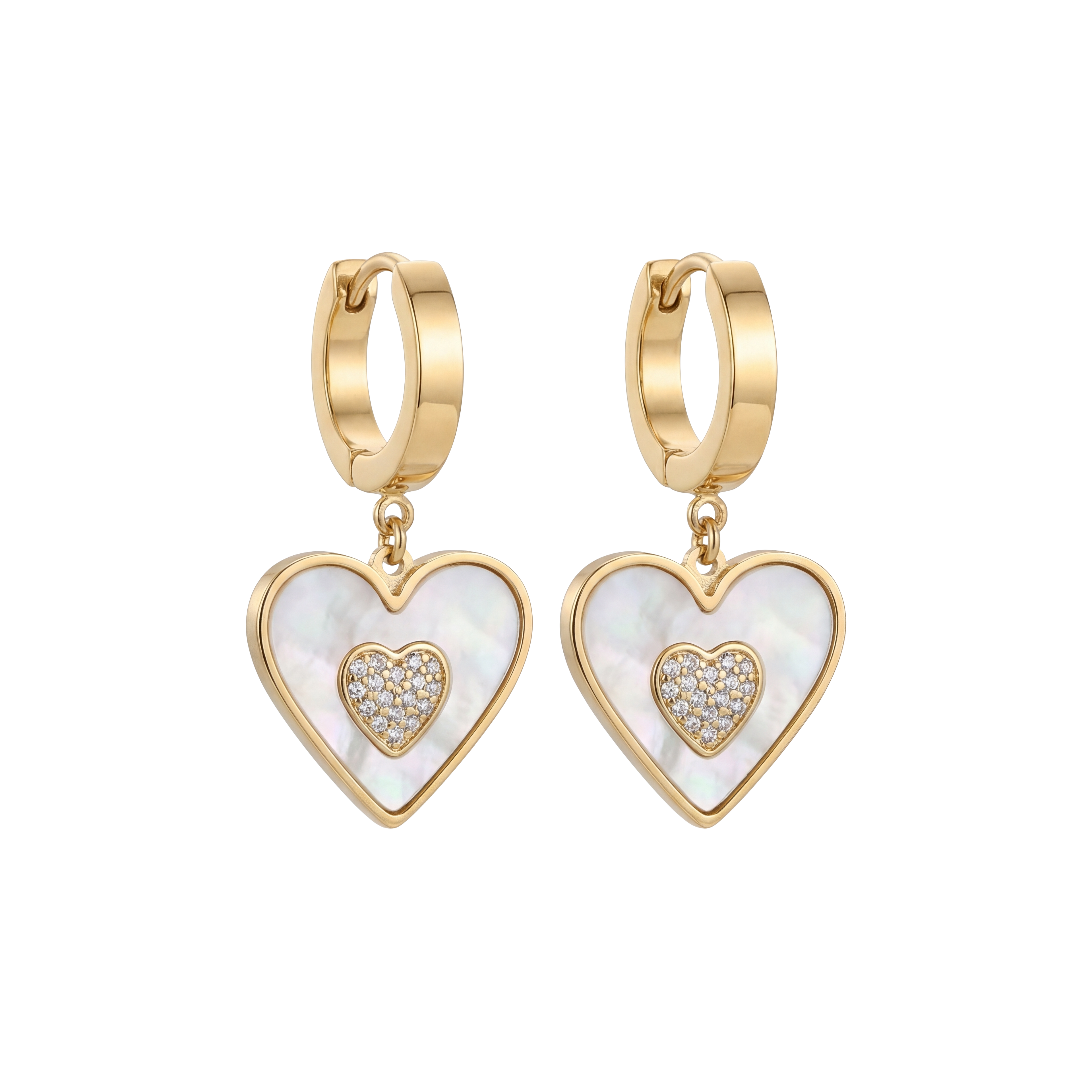 Gold heart-shaped earrings with white center and clear stones on a white background