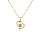 Gold heart-shaped necklace with a pearl center on a white background