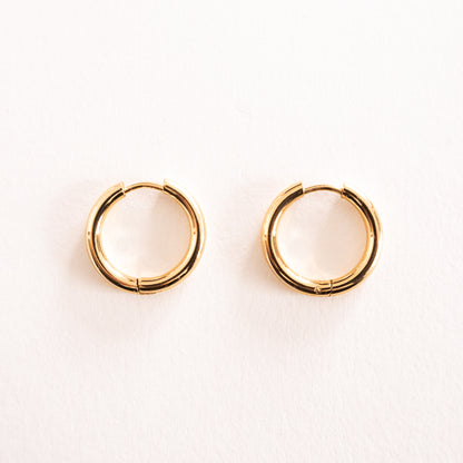 Gold hoop earrings on a light pink background