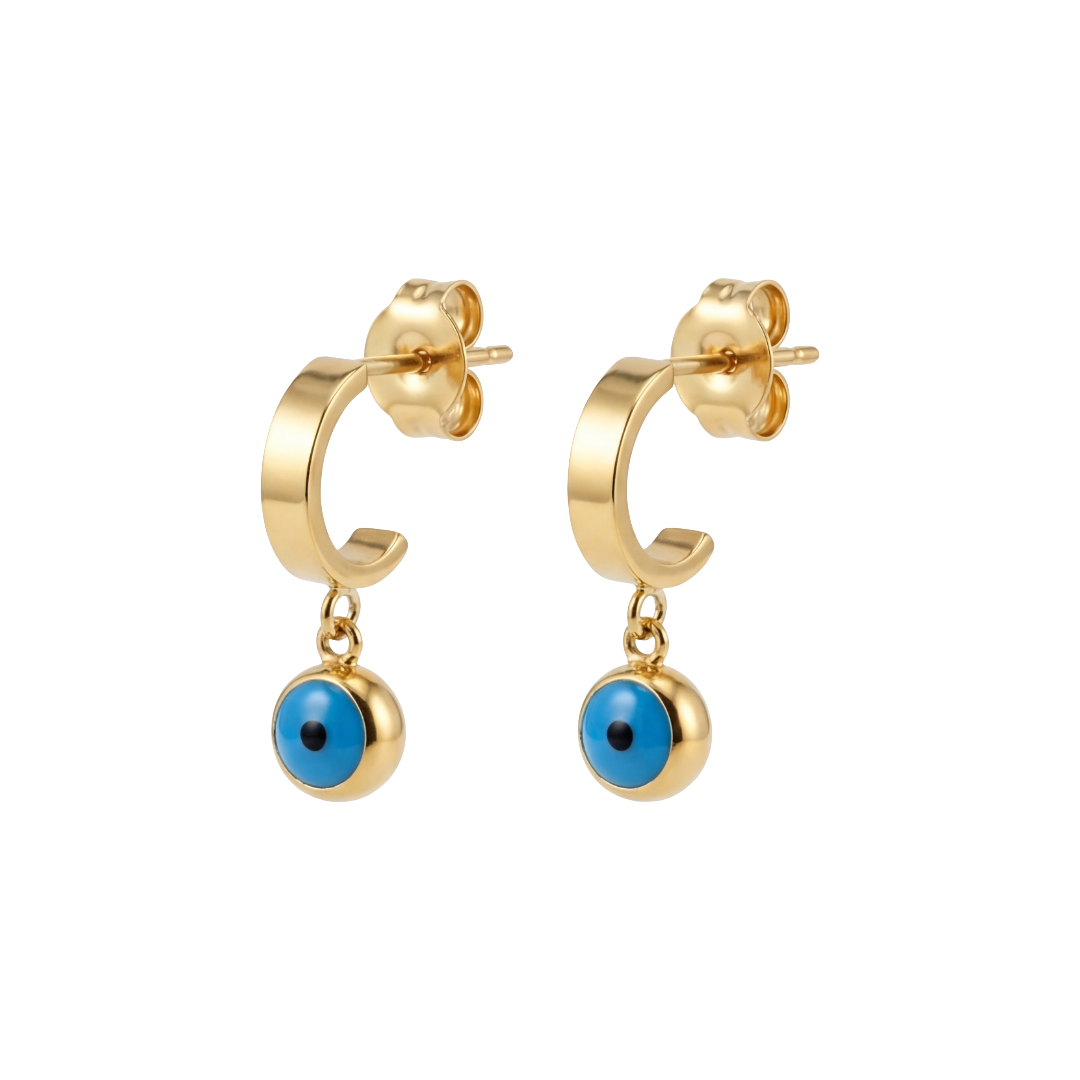 Gold hoop earrings with blue stones on a white background