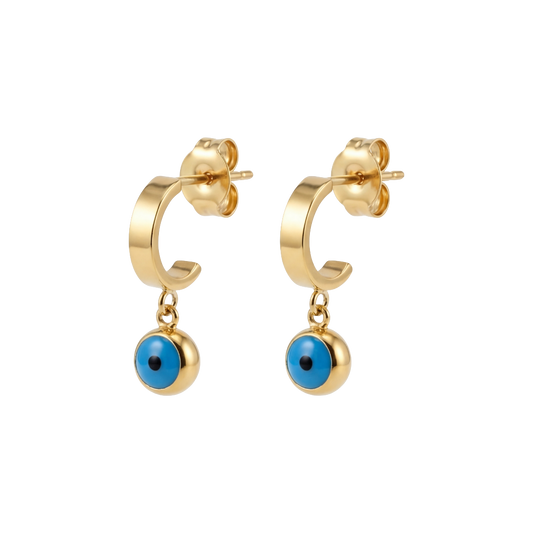 Gold hoop earrings with blue stones on a white background