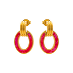 Gold hoop earrings with pink circular accents on a white background