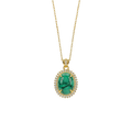 Gold necklace with a green pendant on a white background