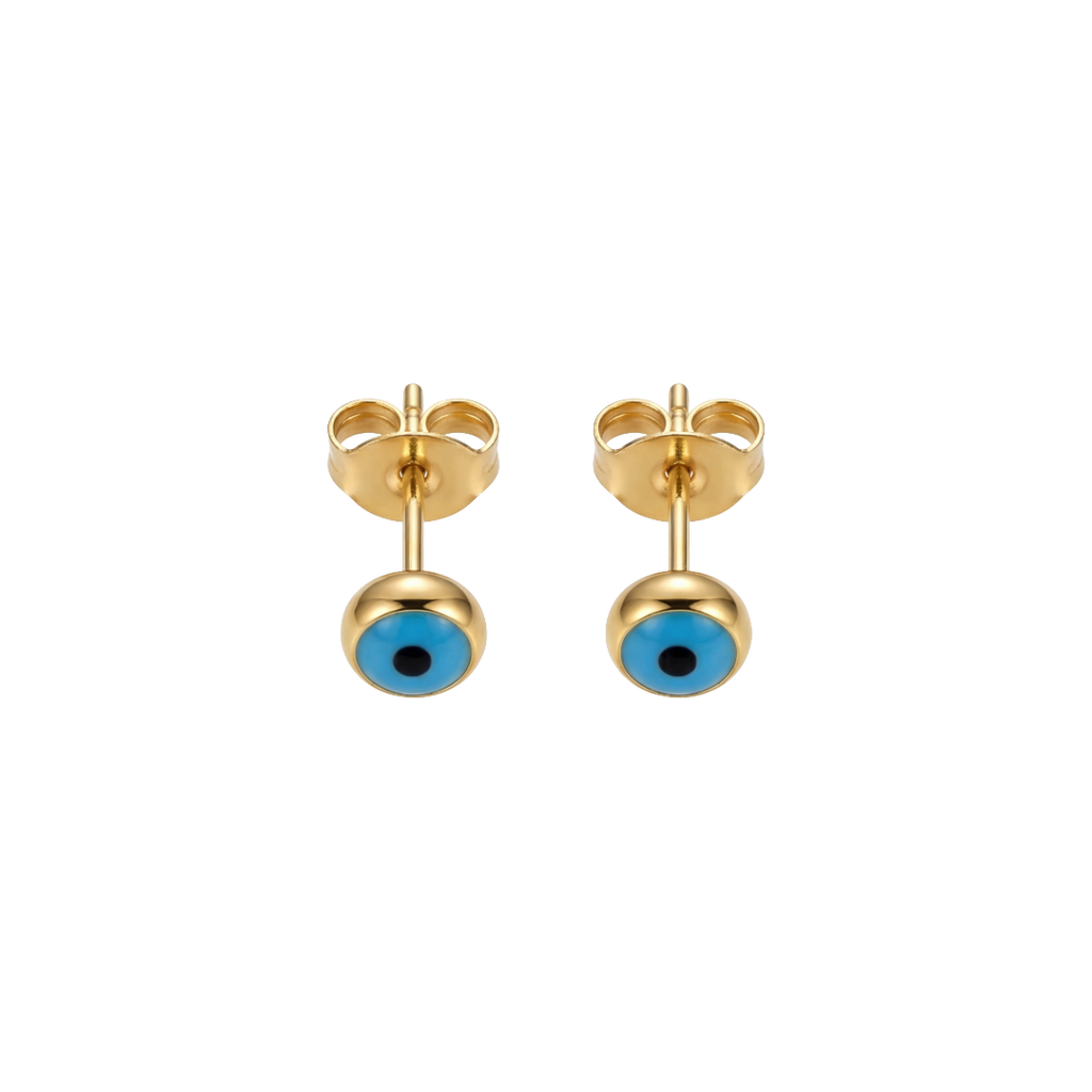 Gold stud earrings with blue eye design on a white background