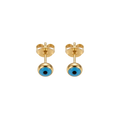 Gold stud earrings with blue eye design on a white background