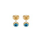 Gold stud earrings with blue eye design on a white background