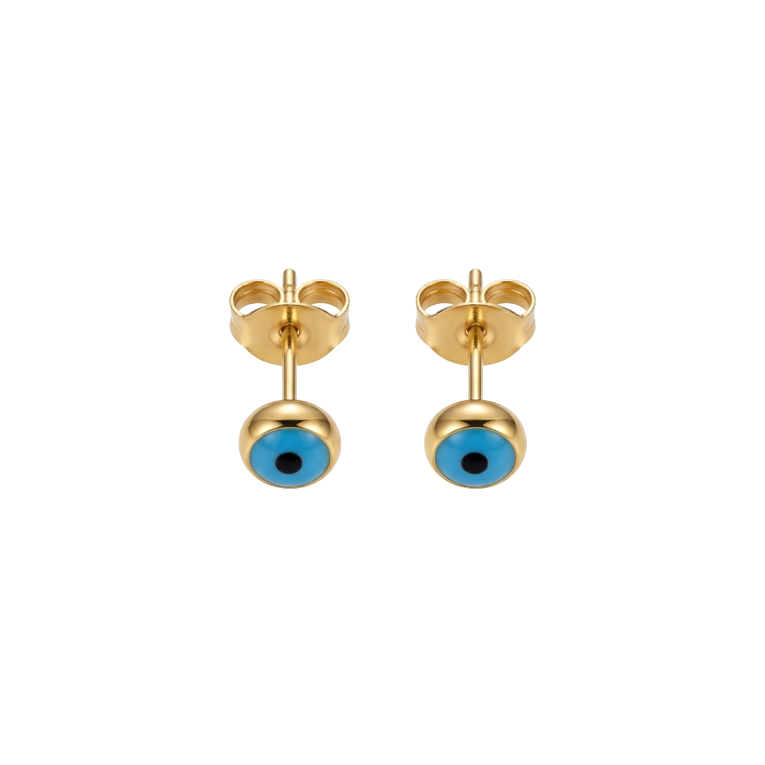 Gold stud earrings with blue eye design on a white background