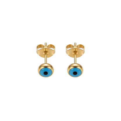 Gold stud earrings with blue eye design on a white background