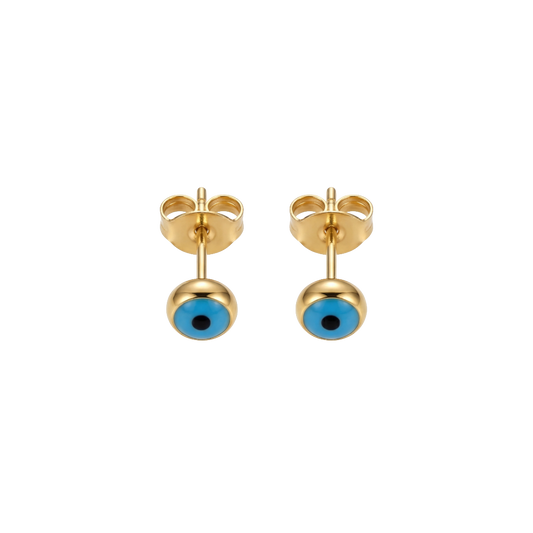 Gold stud earrings with blue eye design on a white background