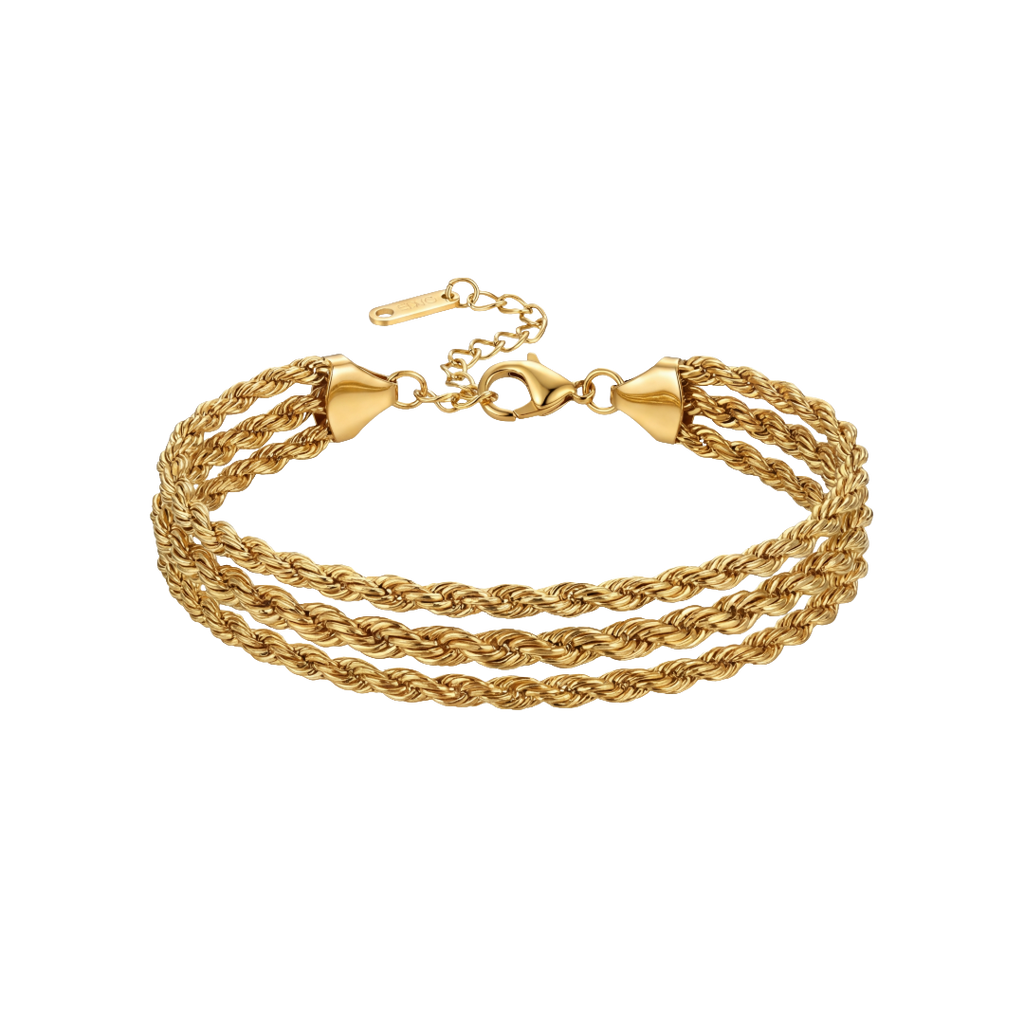 Gold triple-strand bracelet on a white background