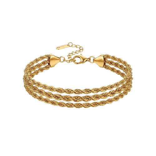 Gold triple-strand bracelet on a white background
