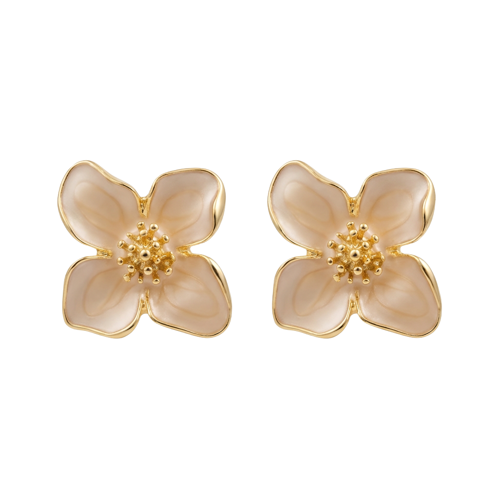 Pair of gold flower-shaped earrings on a white background