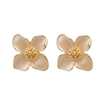 Pair of gold flower-shaped earrings on a white background