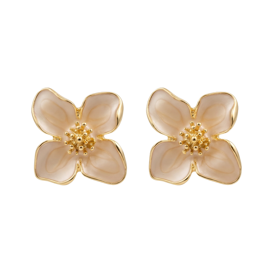Pair of gold flower-shaped earrings on a white background