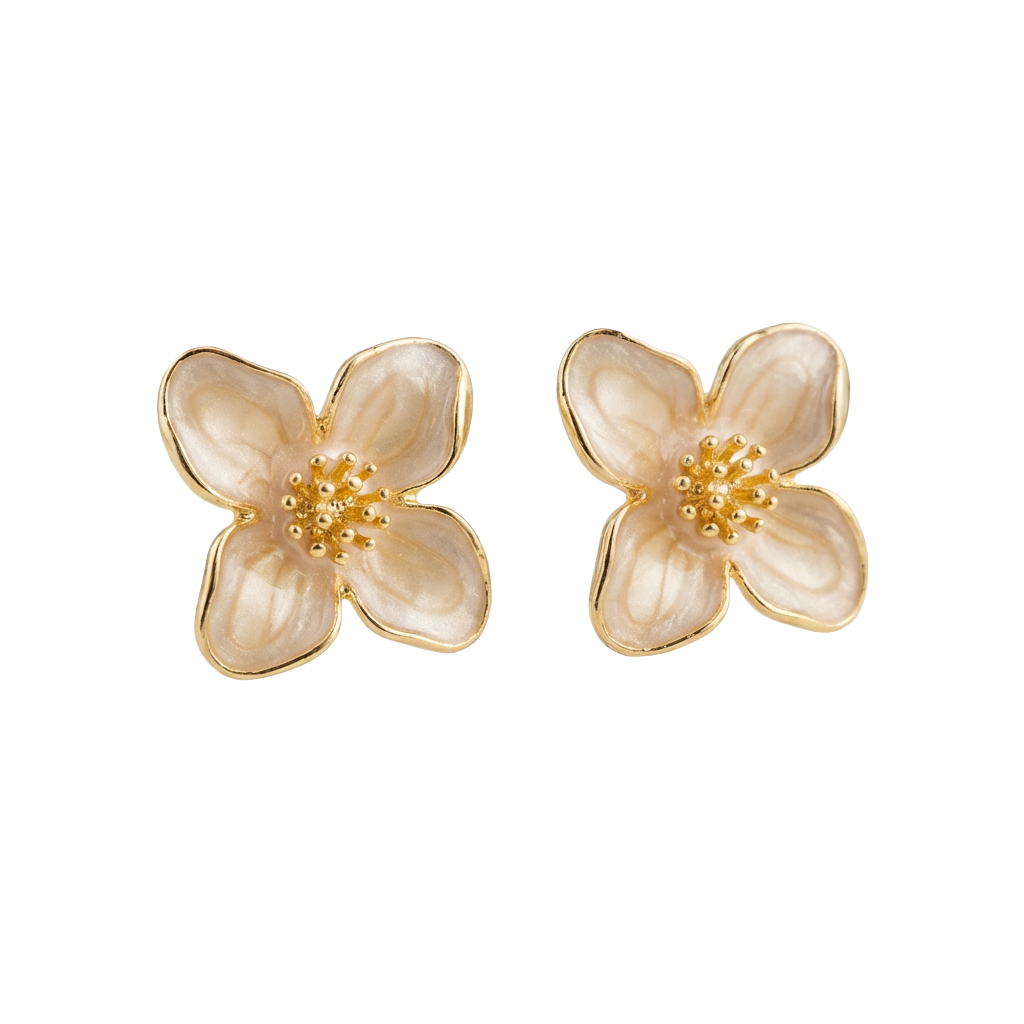 Pair of flower-shaped earrings with gold accents on a white background