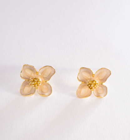 Pair of gold flower-shaped earrings on a light gray background
