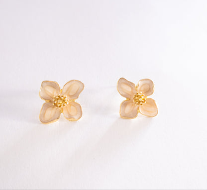 Pair of gold flower-shaped earrings on a light gray background