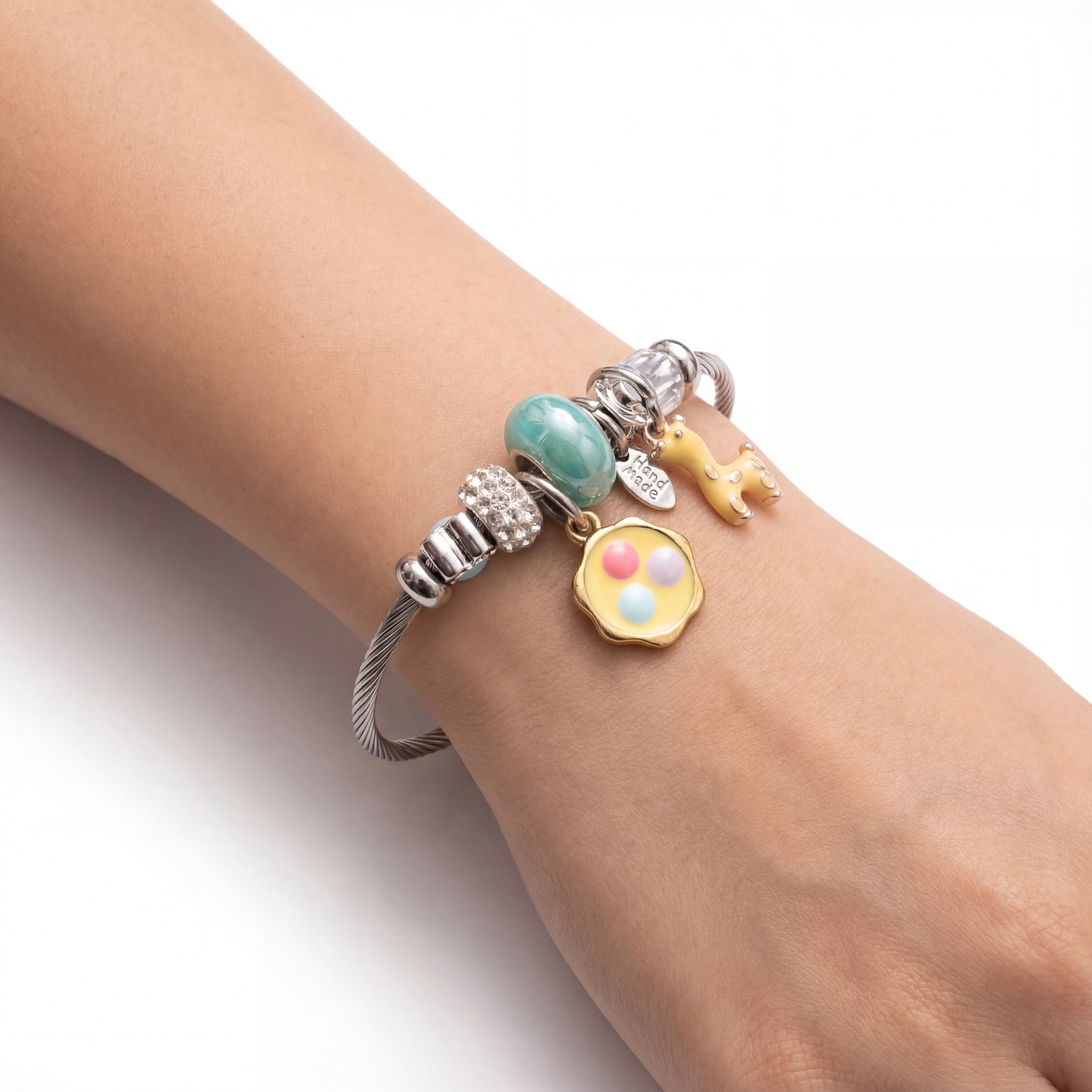 Stainless Steel Charm Bracelet with Flower, Beads, Bolt