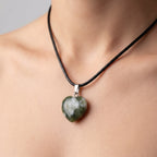 Natural Green Stone Heart Pendant Necklace with Black Cord