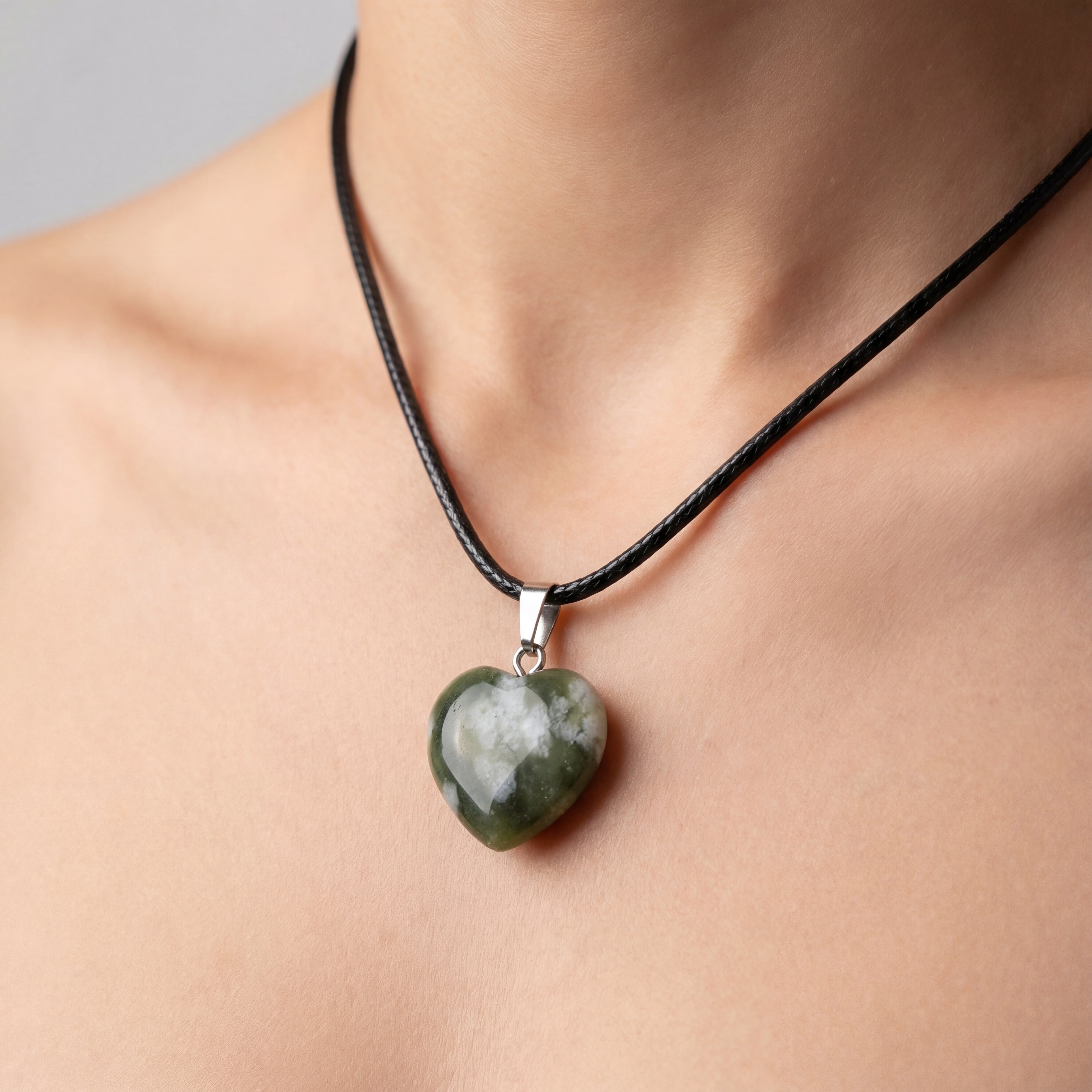 Natural Green Stone Heart Pendant Necklace with Black Cord