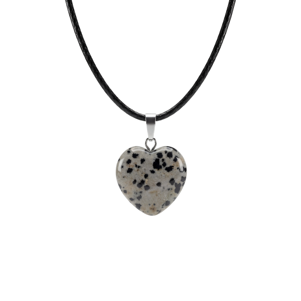 Heart-shaped dalmatian Jasper pendant on a black cord against a white background
