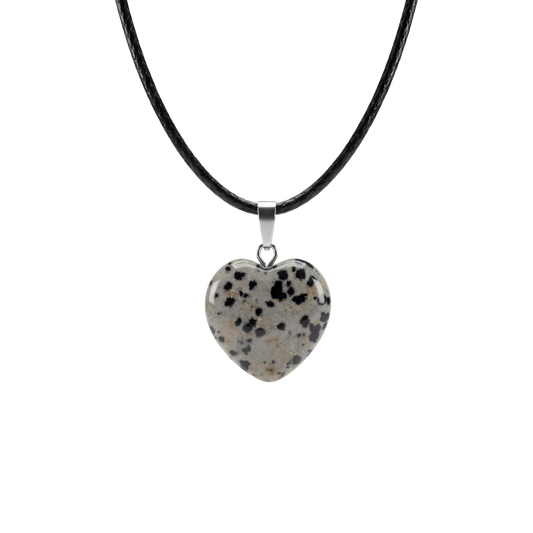 Heart-shaped dalmatian Jasper pendant on a black cord against a white background