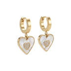 Heart-shaped earrings with gold and white details on a white background