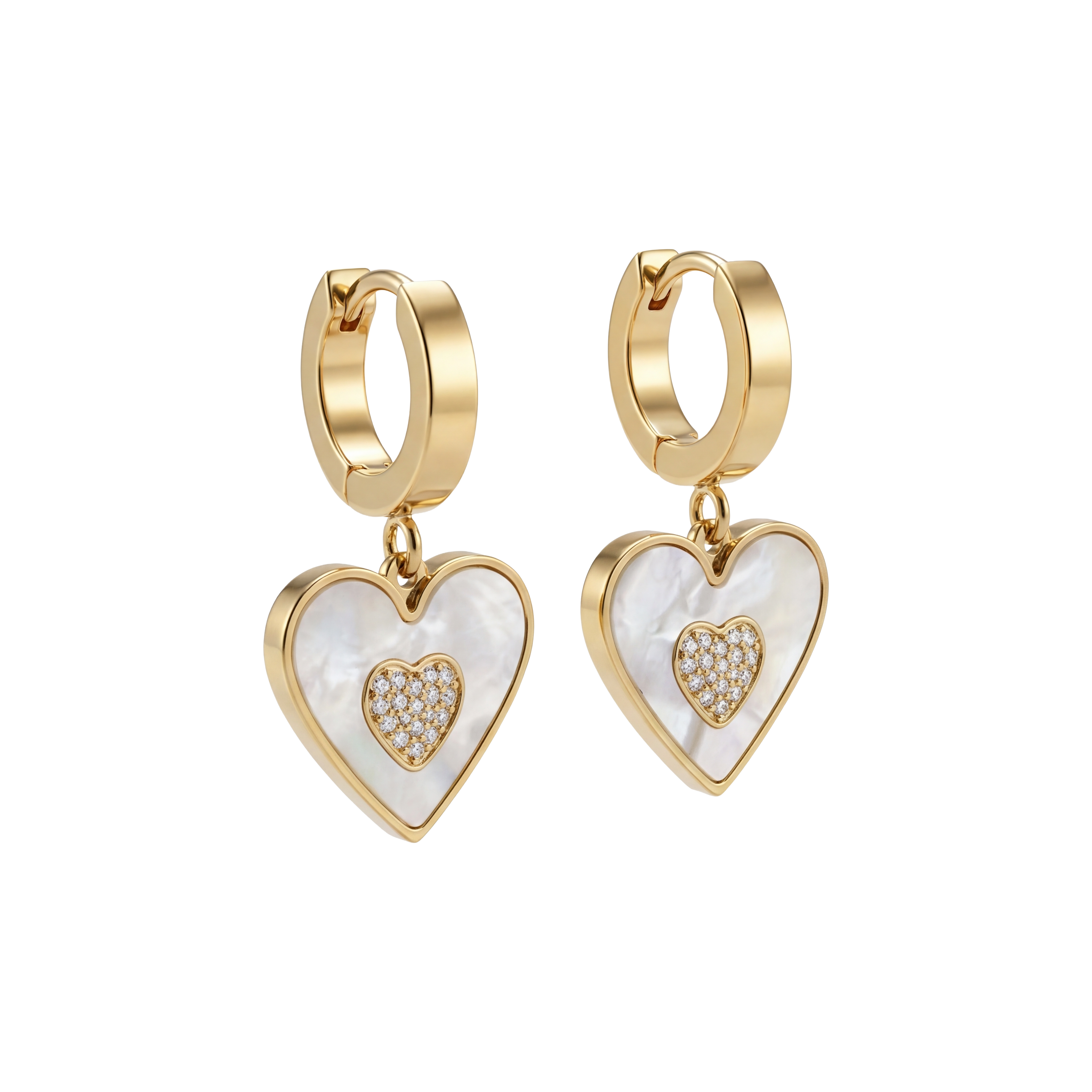 Heart-shaped earrings with gold and white details on a white background