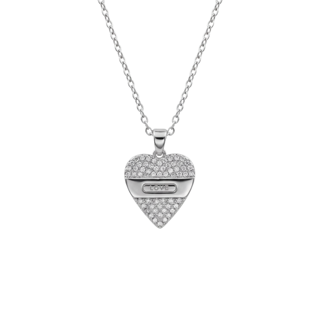 Heart-shaped silver pendant necklace on a white background