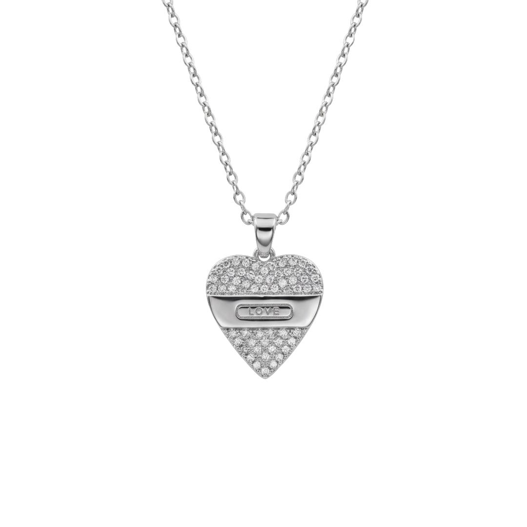 Heart-shaped silver pendant necklace on a white background