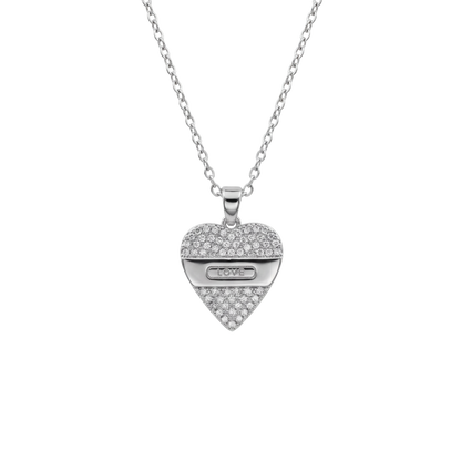 Heart-shaped silver pendant necklace on a white background