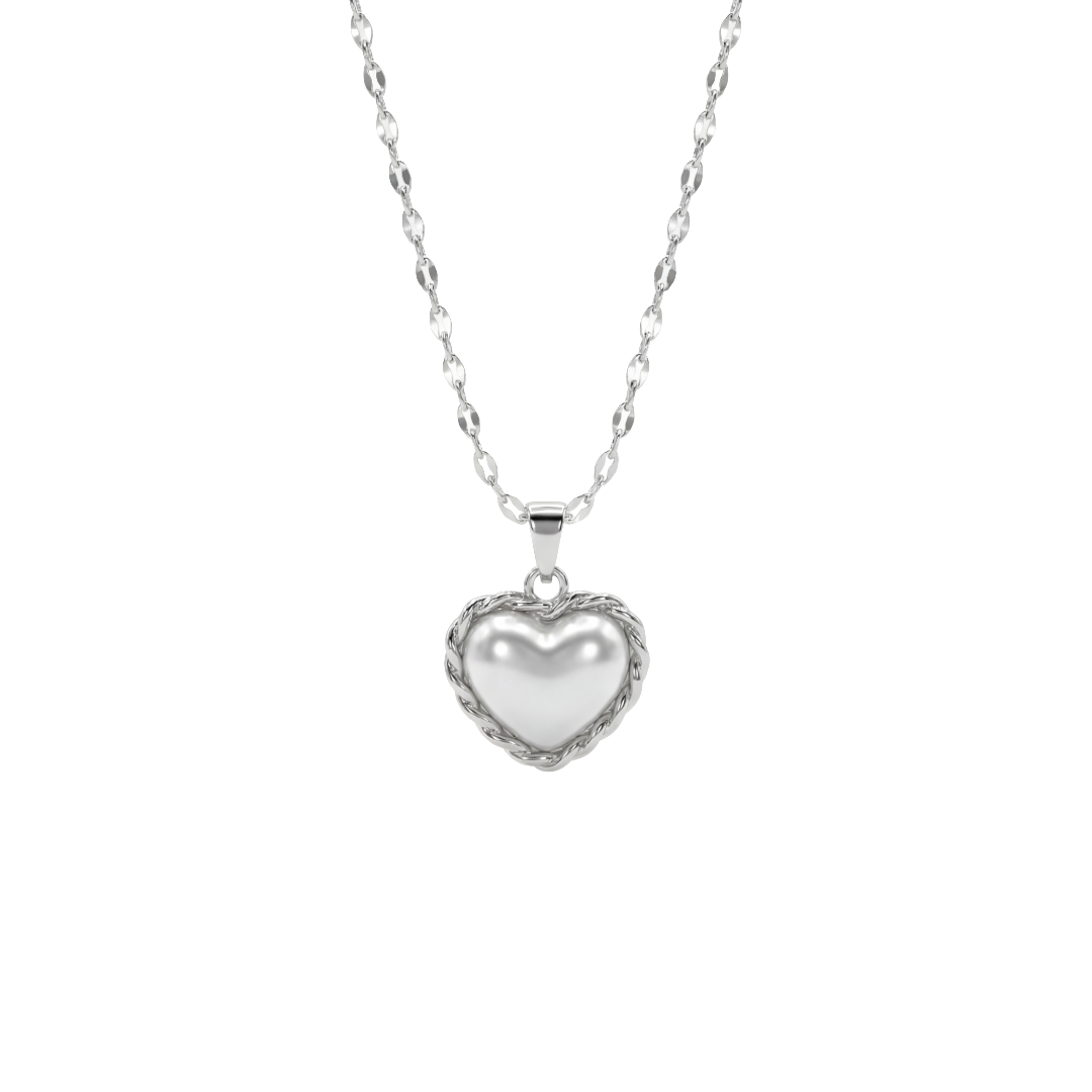 Heart-shaped silver pendant on a chain against a white background