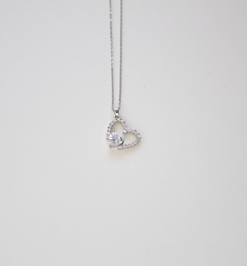 Silver Open Sparkling Crystal Heart Necklace