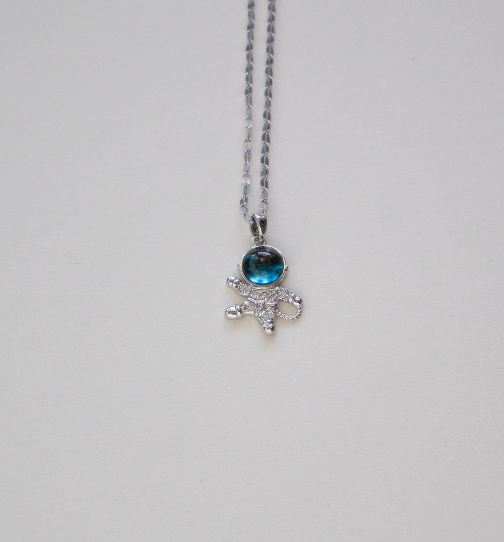 Astronaut Pendant Necklace with Blue Gemstone