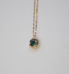 Stainless Steel Heart Pendant Necklace with Iridescent Stone and Crystals