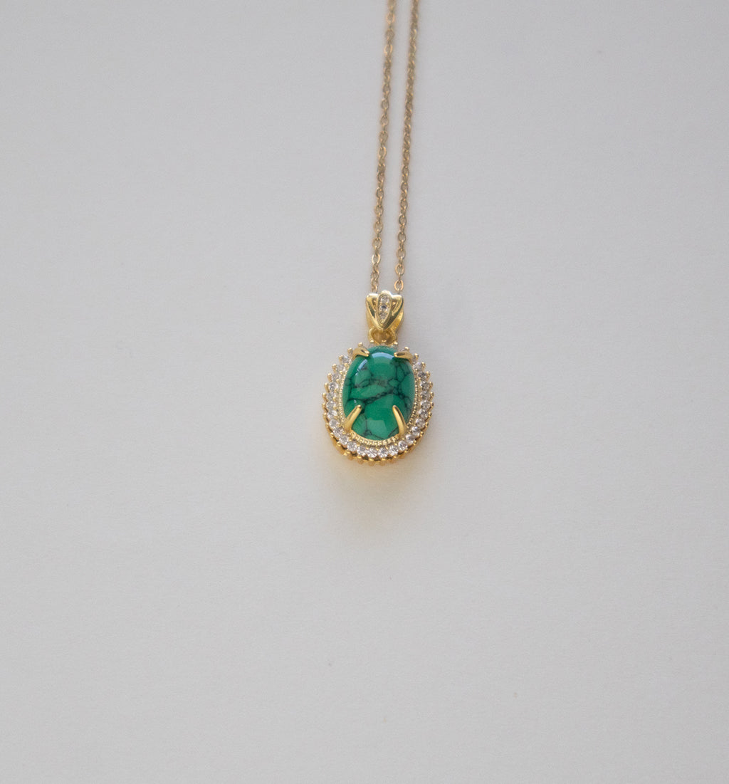 Stainless Steel Gold Plated Oval Emerald Pendant Necklace with Crystals