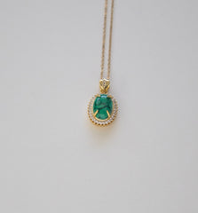 Stainless Steel Gold Plated Oval Emerald Pendant Necklace with Crystals
