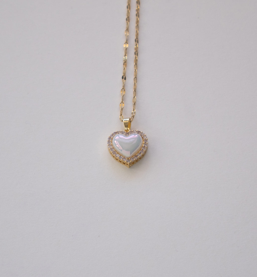 Stainless Steel Heart Pendant Necklace with Iridescent Stone and Crystals