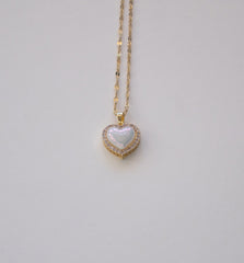 Stainless Steel Heart Pendant Necklace with Iridescent Stone and Crystals