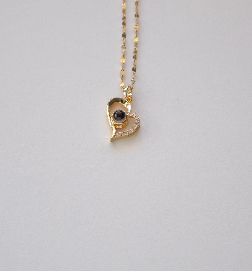 Stainless Steel Gold Plated Heart Pendant Necklace with Black Stone and Crystals