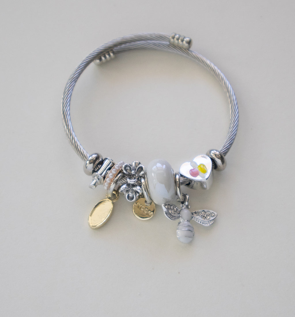 Stainless Steel Silver Cable Bracelet with Bee, Heart, Flower Charms