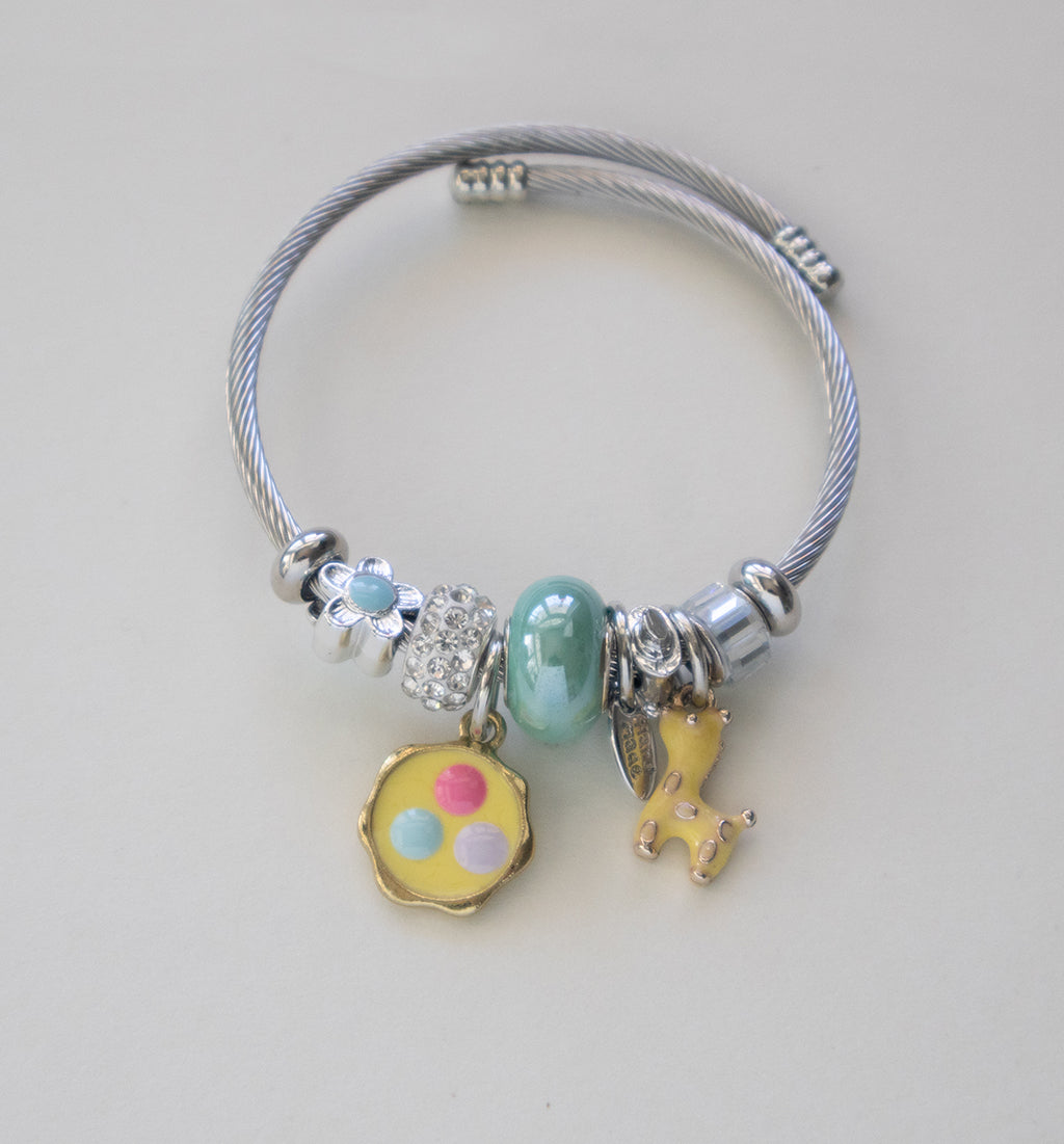 Stainless Steel Charm Bracelet with Flower, Beads, Bolt