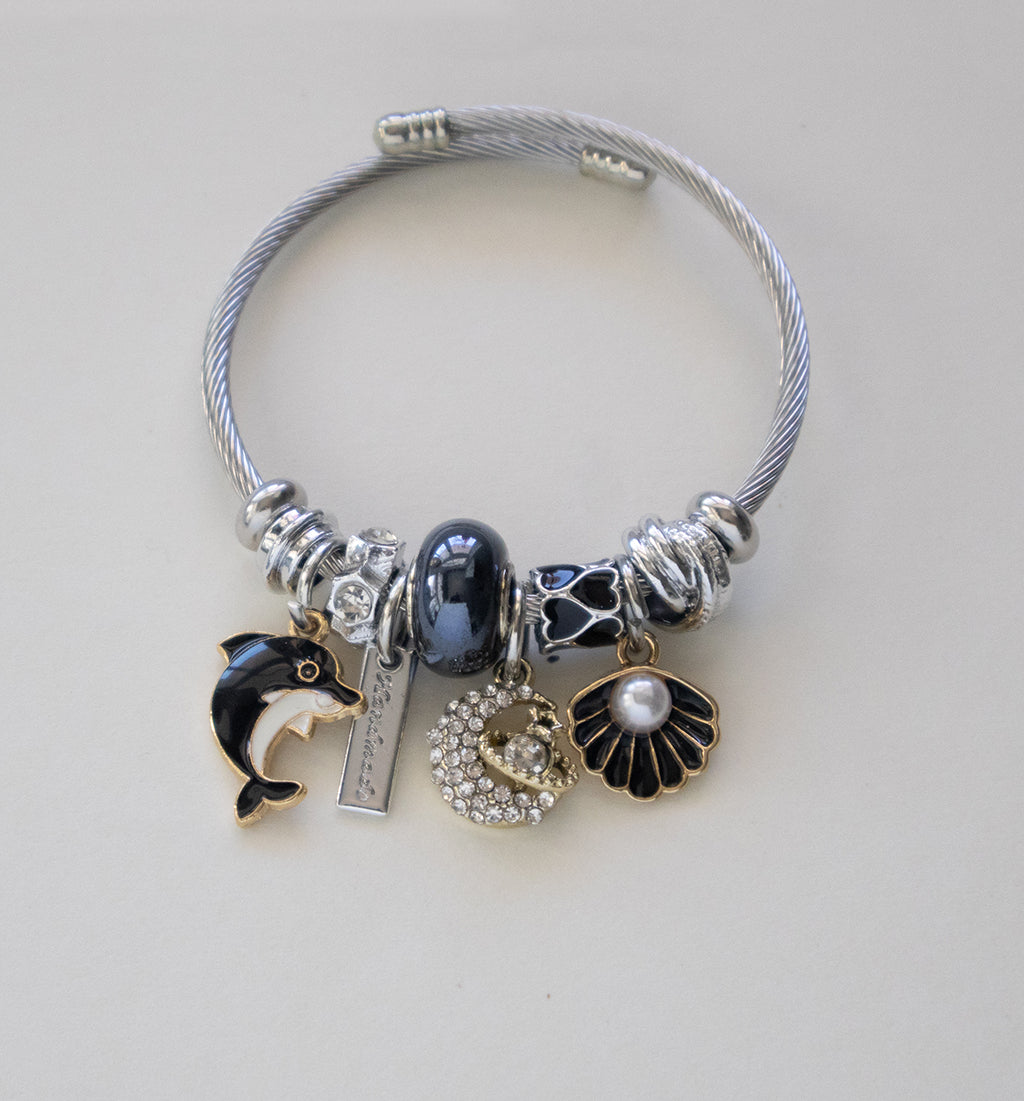 Stainless Steel Cable Bracelet Dolphin, Crystal & Mixed Charms